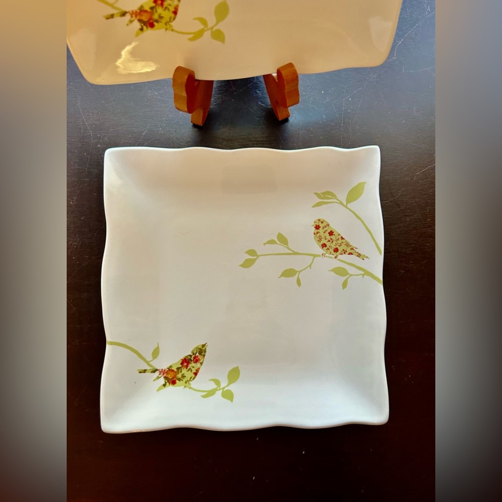 (2) Two 222 Fifth “Chintz Birds”  square salad plates 8”